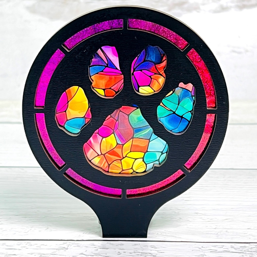 Handmade Stained Glass Style Paw Print Night Light Rainbow‎ Mosaic Pet Decor